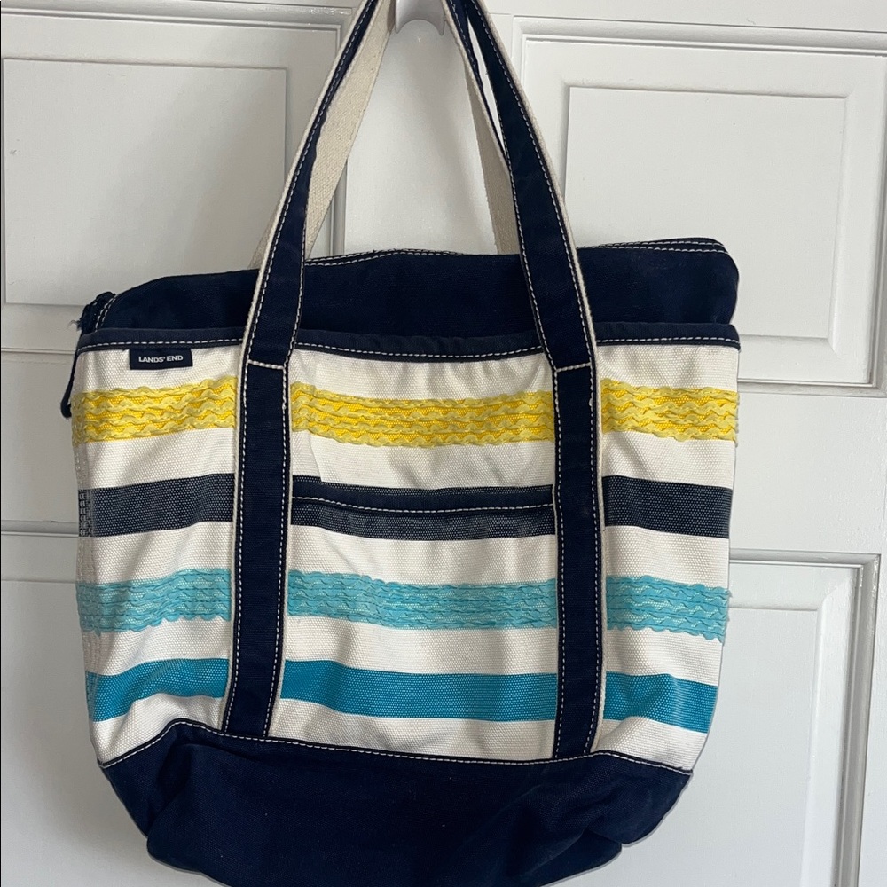 Lands' End Striped Canvas Tote W/ Matching Pouch in Navy, White, Yellow & Teal